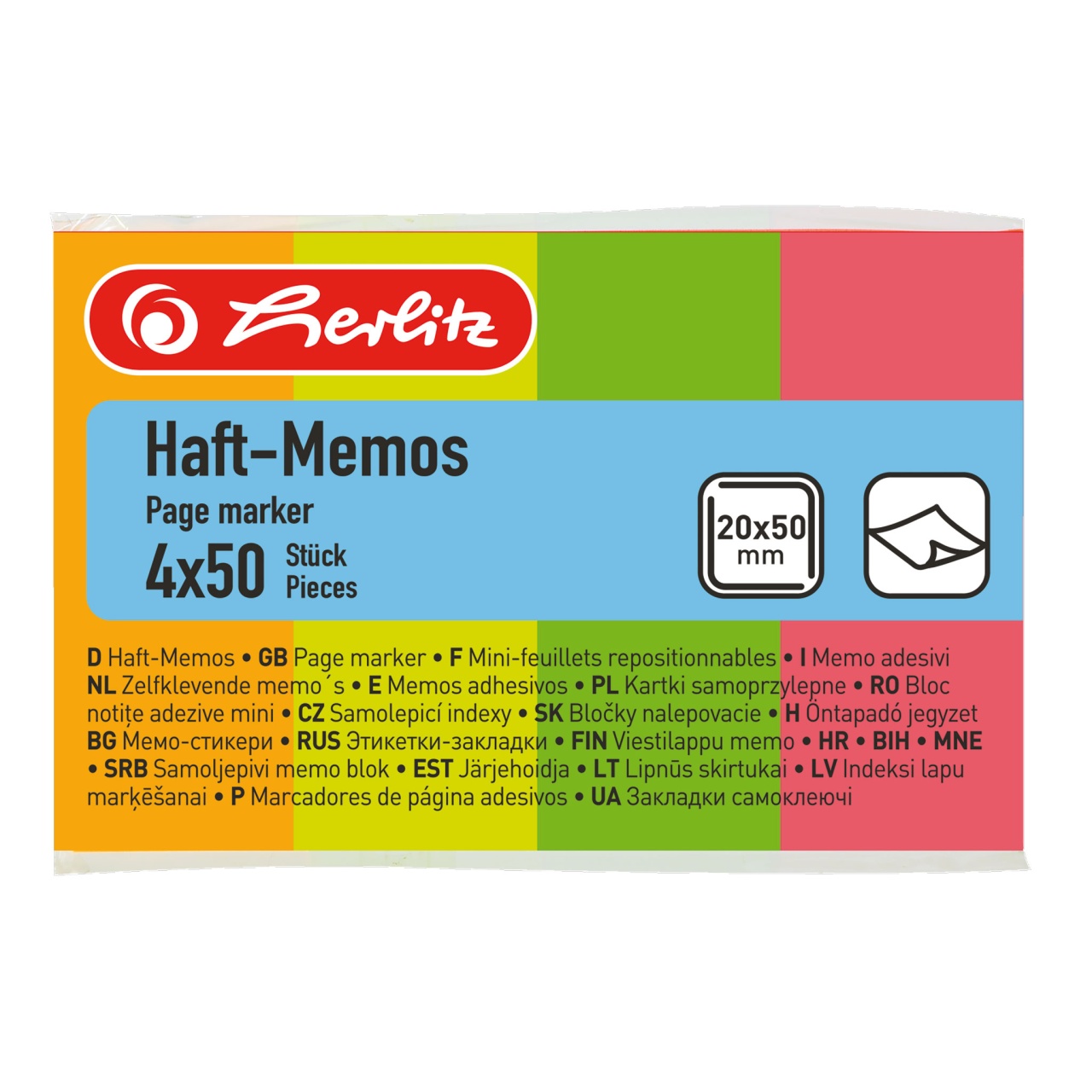 Herlitz Haft-Memos 20x50 mm 200 Blatt neon farbig sortiert