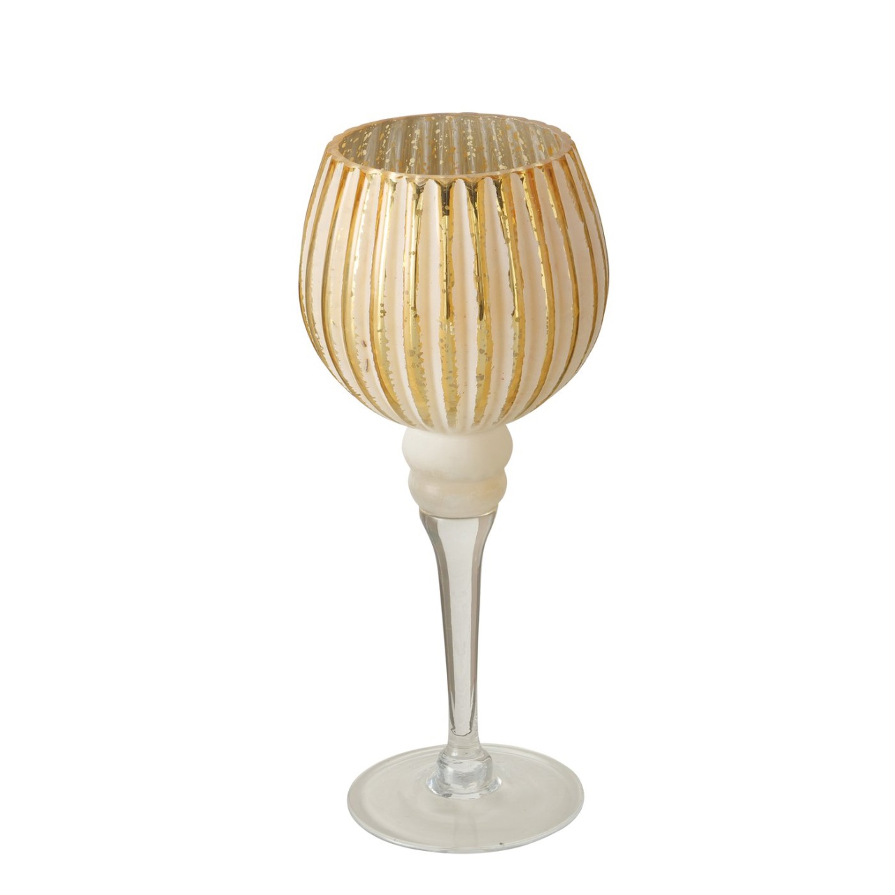 Windlicht Kelch Minou aus Glas, 25 cm gold/weiß gestreift